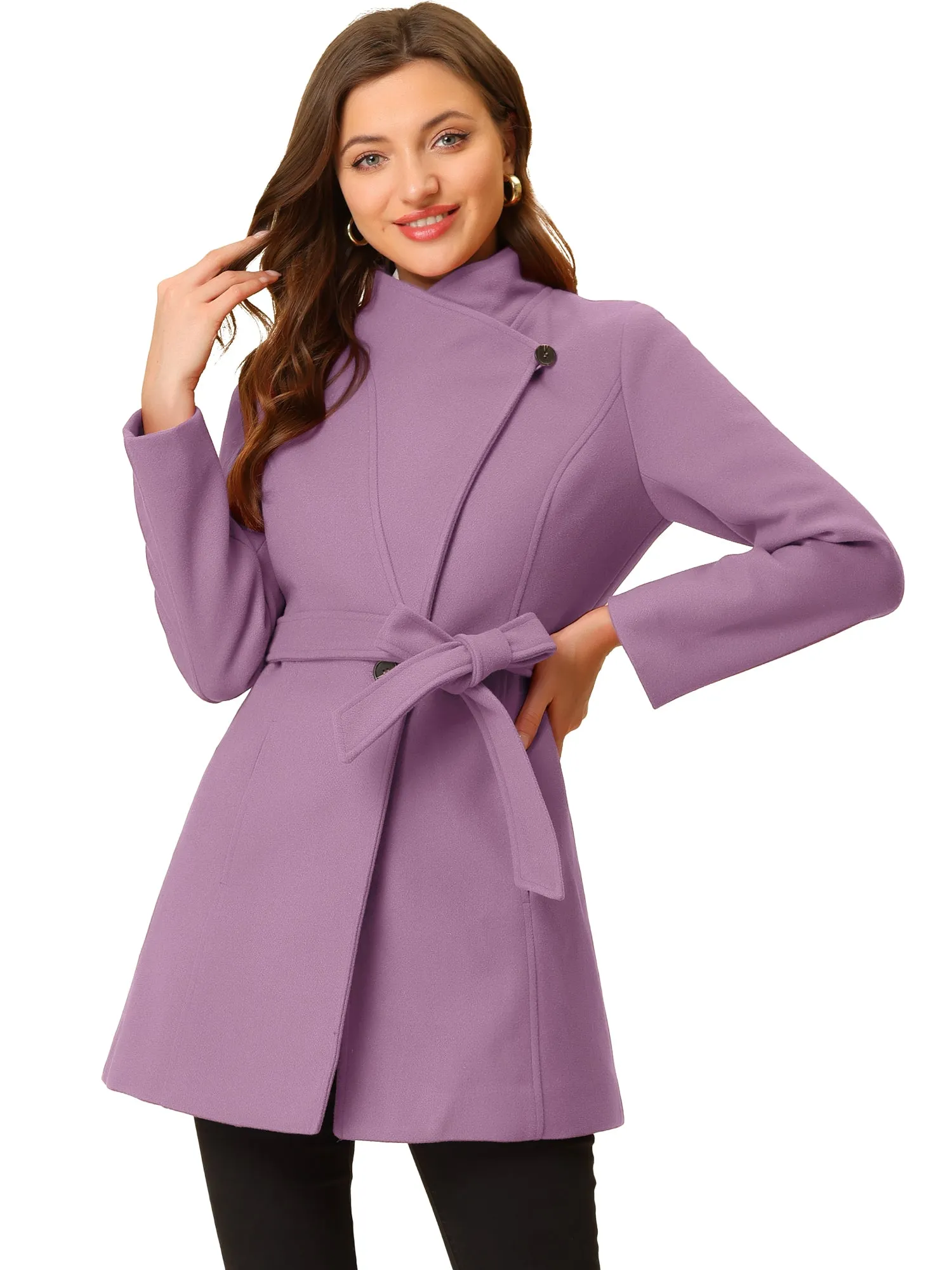 Classic Stand Collar Long Sleeve Winter Belted Coat