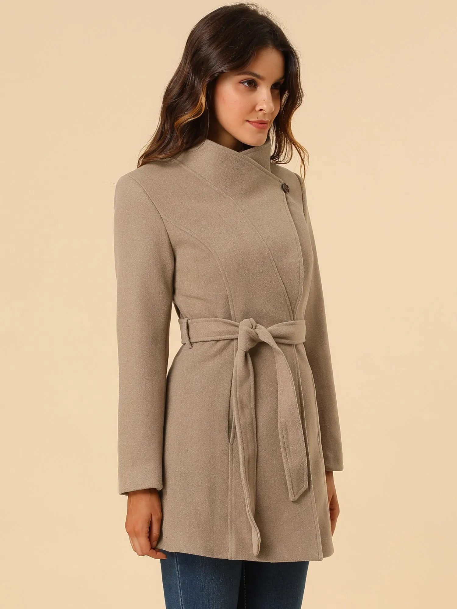 Classic Stand Collar Long Sleeve Winter Belted Coat