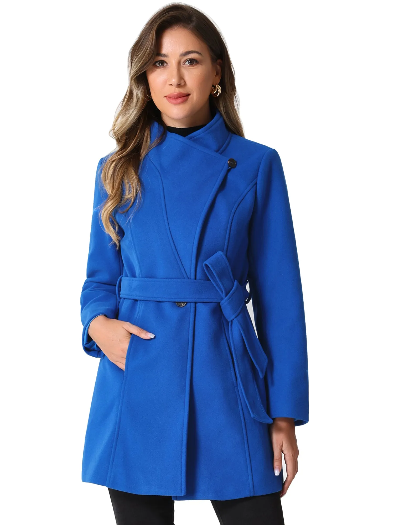 Classic Stand Collar Long Sleeve Winter Belted Coat