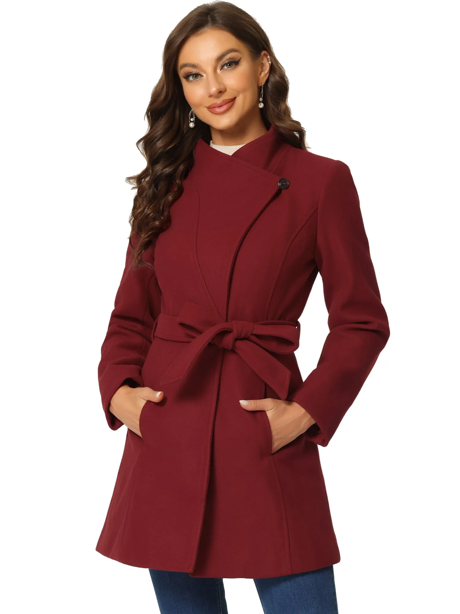 Classic Stand Collar Long Sleeve Winter Belted Coat