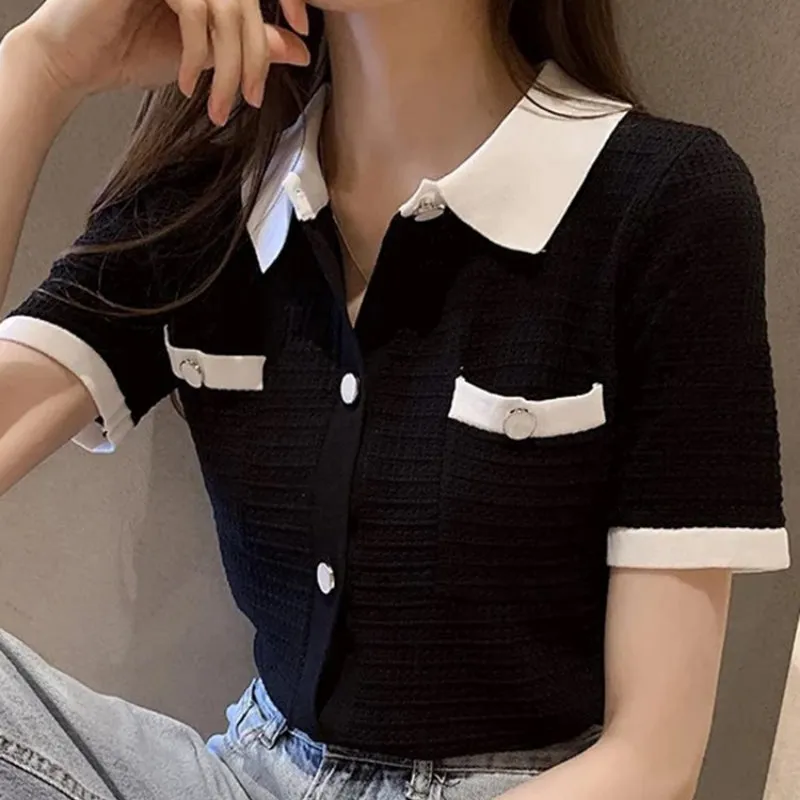 Classy Knitted Turn-Down Collar Summer Tops