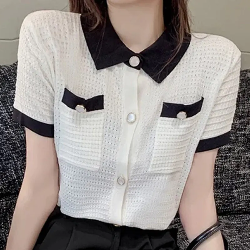 Classy Knitted Turn-Down Collar Summer Tops