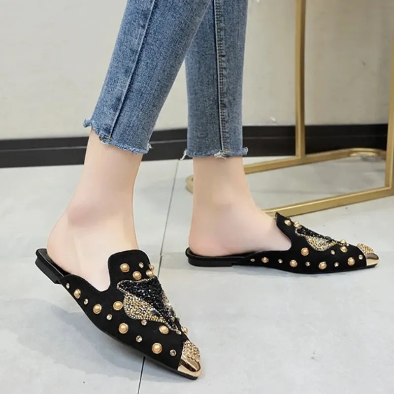 Classy Rhinestone and Rivet Decor Pointed Toe Slides