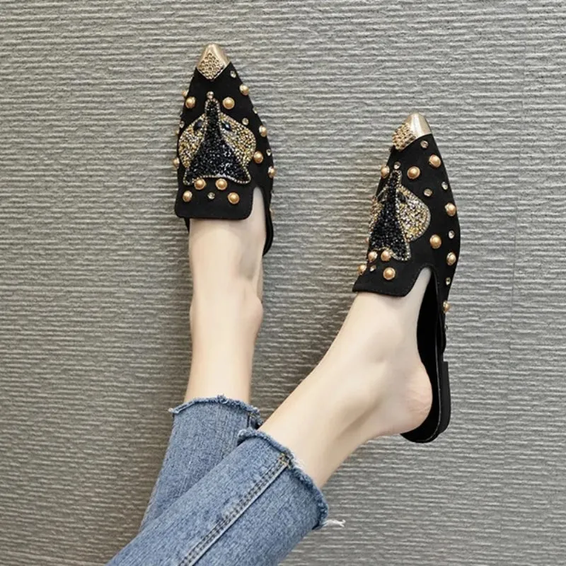 Classy Rhinestone and Rivet Decor Pointed Toe Slides