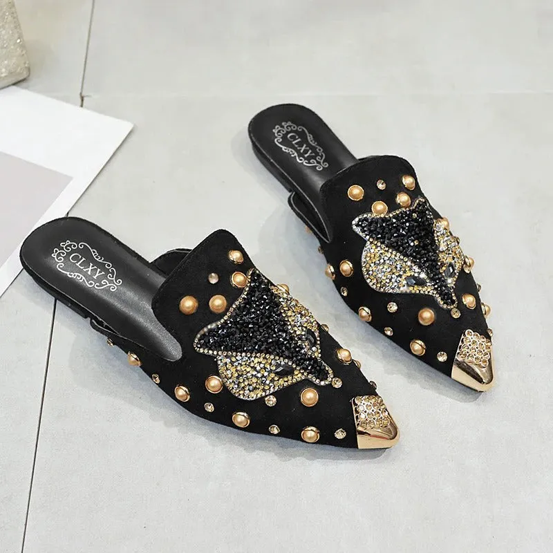 Classy Rhinestone and Rivet Decor Pointed Toe Slides