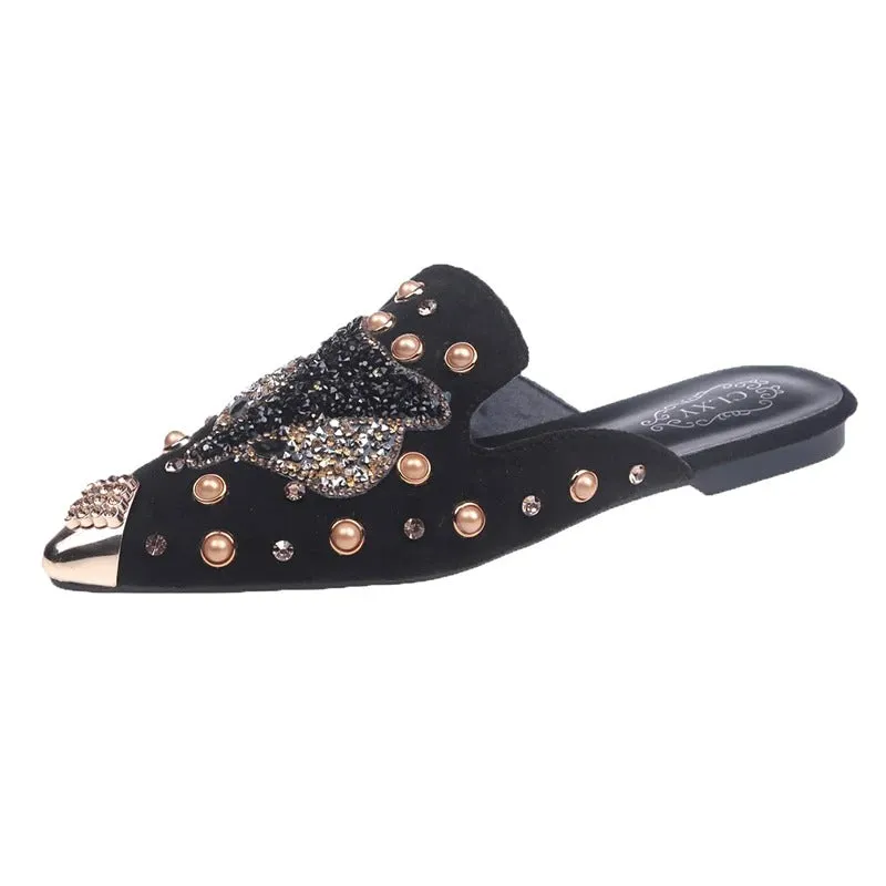 Classy Rhinestone and Rivet Decor Pointed Toe Slides