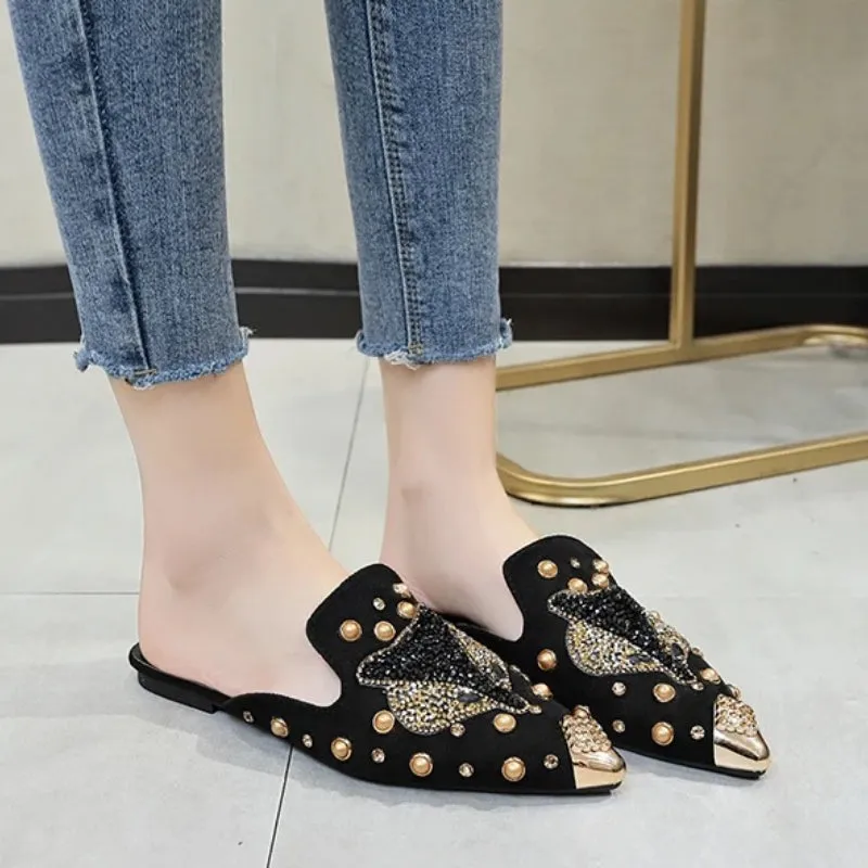 Classy Rhinestone and Rivet Decor Pointed Toe Slides