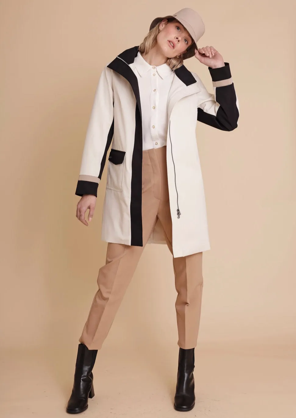 Color Block Coat - Cream-Black