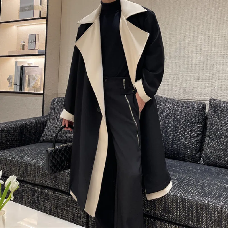 Contrast Color Lapel Wool Mid-length Cotton and Thickened Coat