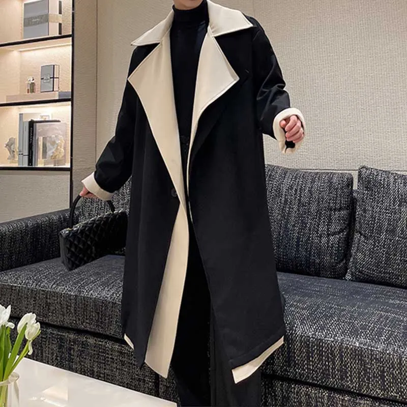 Contrast Color Lapel Wool Mid-length Cotton and Thickened Coat