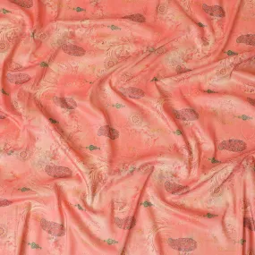 Coral red synthetic brocade fabric with multicolor print in floral design-D7230