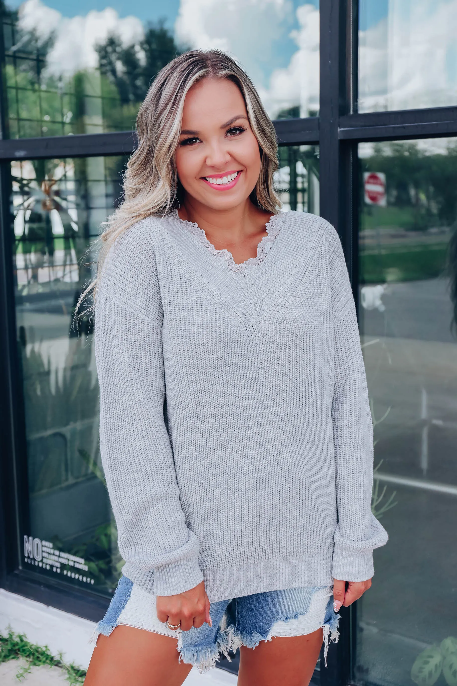 Cozy Days Lace Neck Sweater - Grey