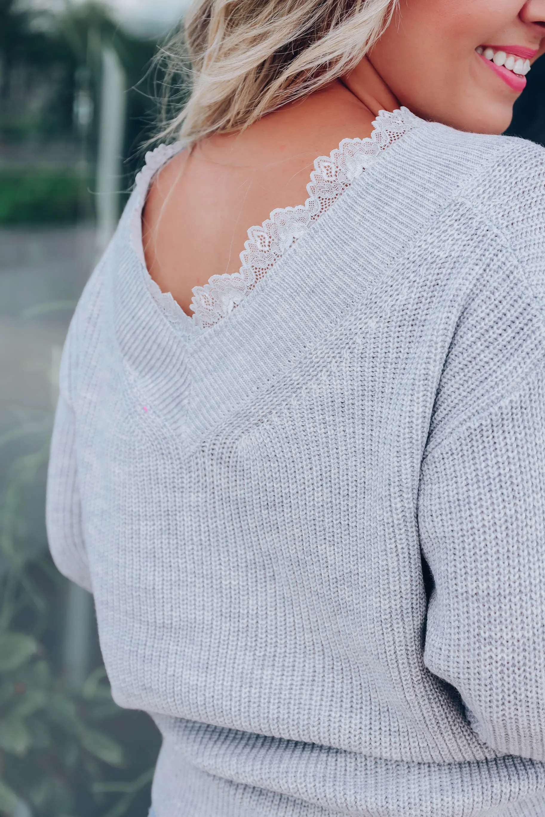 Cozy Days Lace Neck Sweater - Grey