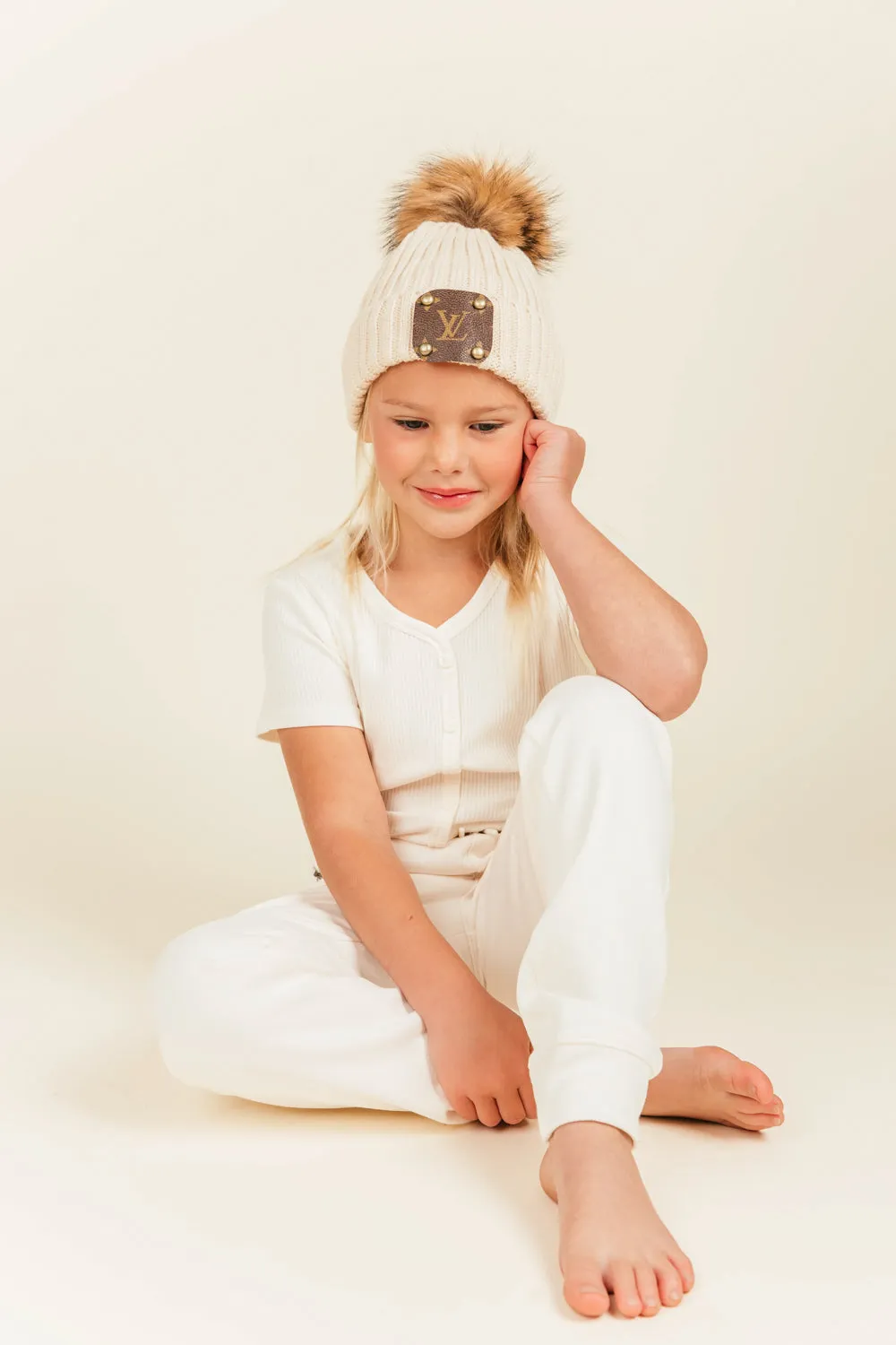 Cream Pom Beanie for Kids