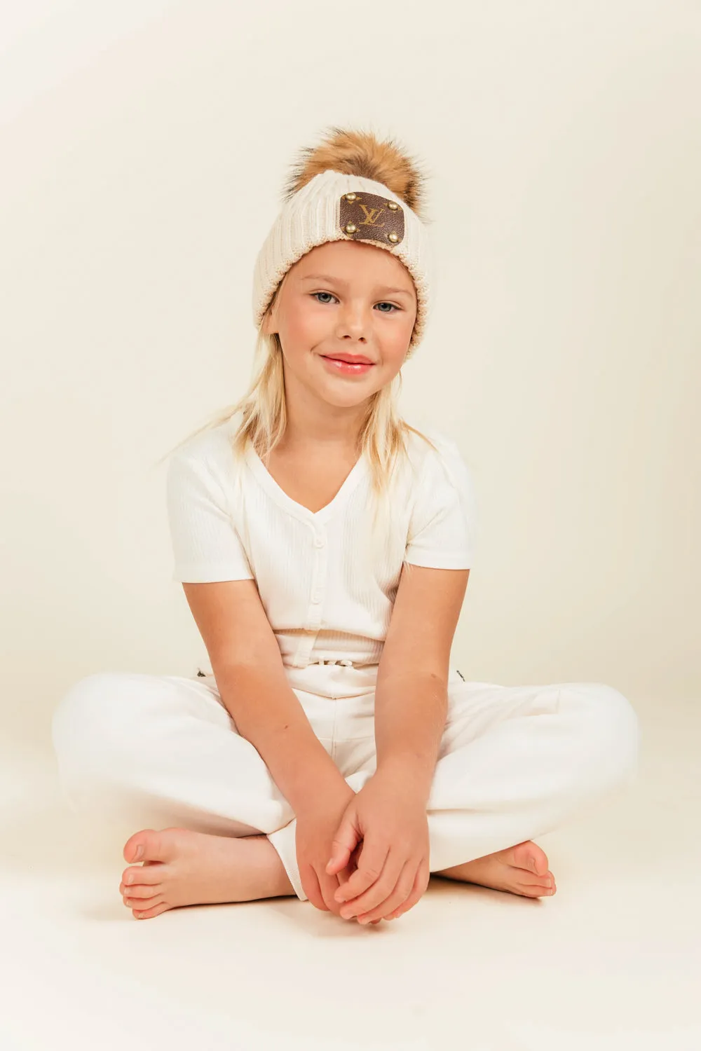 Cream Pom Beanie for Kids