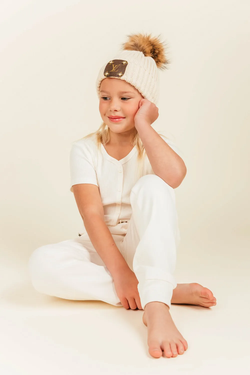 Cream Pom Beanie for Kids