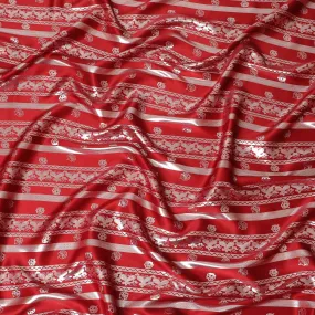 Crimson red pure silk satin fabric with same tone and silver film metallic in stripe design-D11052