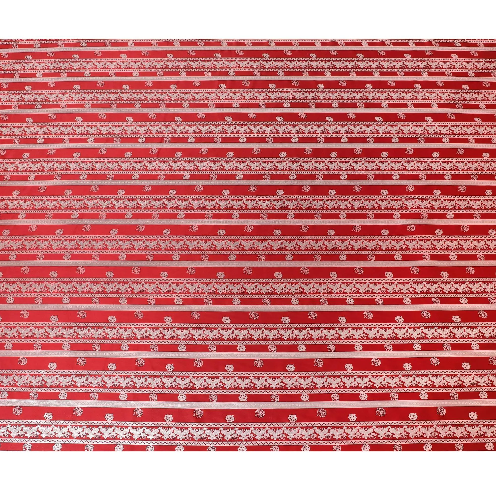 Crimson red pure silk satin fabric with same tone and silver film metallic in stripe design-D11052