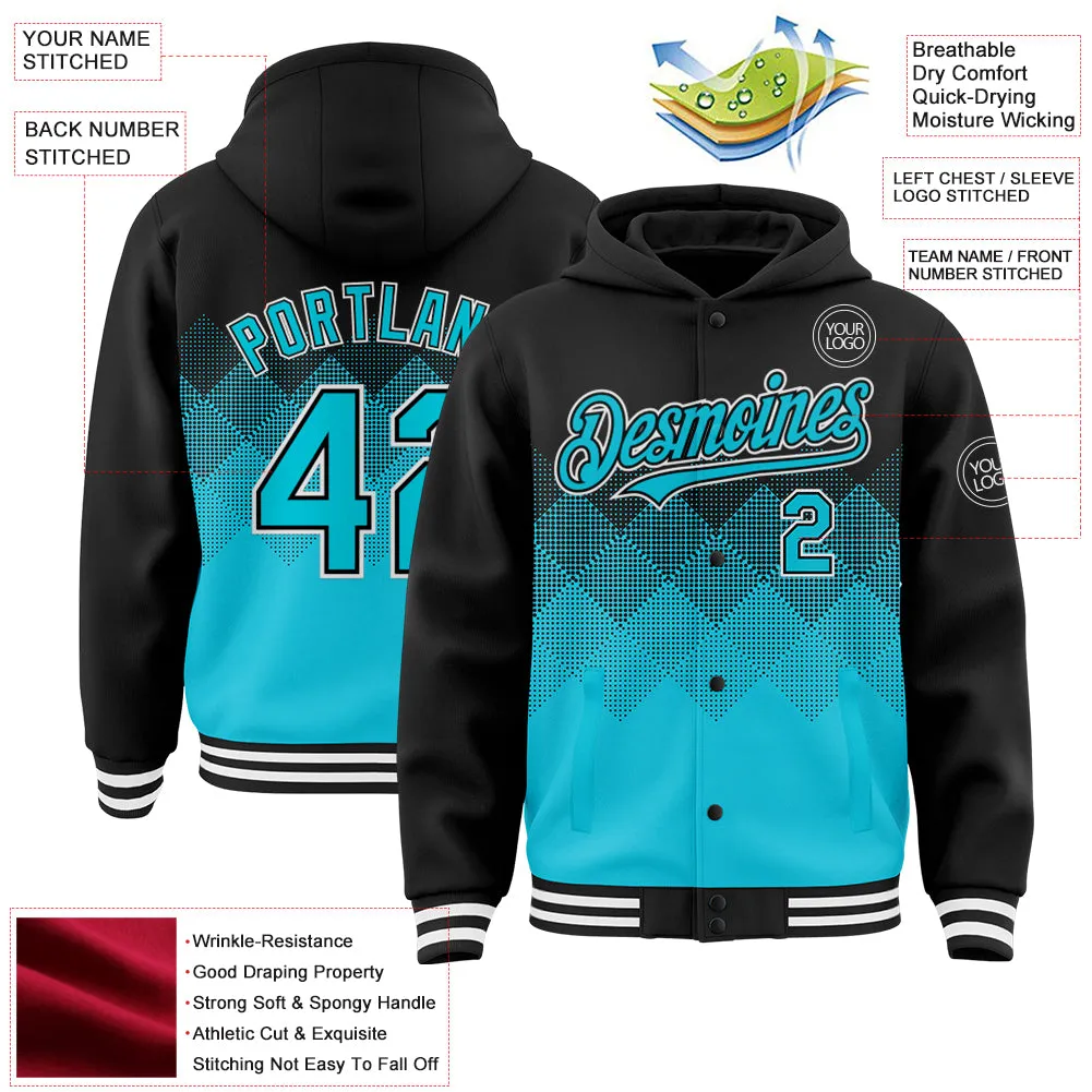 Custom Black Lakes Blue-White Gradient Square Shape 3D Pattern Design Bomber Full-Snap Varsity Letterman Hoodie Jacket