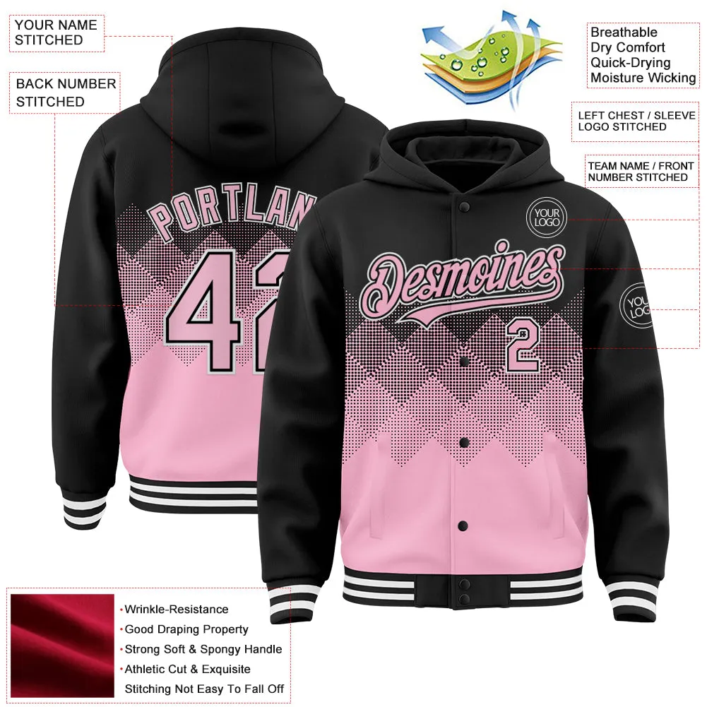 Custom Black Light Pink-White Gradient Square Shape 3D Pattern Design Bomber Full-Snap Varsity Letterman Hoodie Jacket