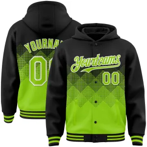 Custom Black Neon Green-White Gradient Square Shape 3D Pattern Design Bomber Full-Snap Varsity Letterman Hoodie Jacket