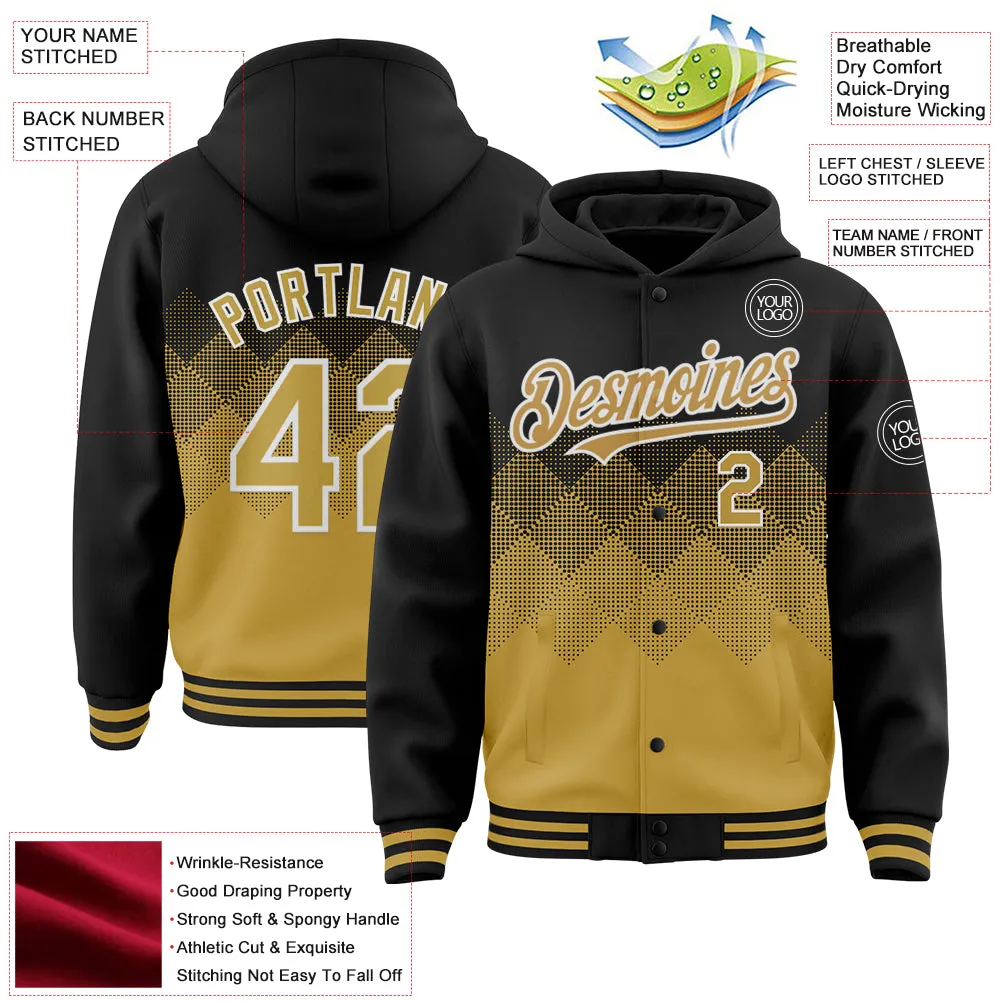 Custom Black Old Gold-White Gradient Square Shape 3D Pattern Design Bomber Full-Snap Varsity Letterman Hoodie Jacket