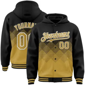 Custom Black Old Gold-White Gradient Square Shape 3D Pattern Design Bomber Full-Snap Varsity Letterman Hoodie Jacket