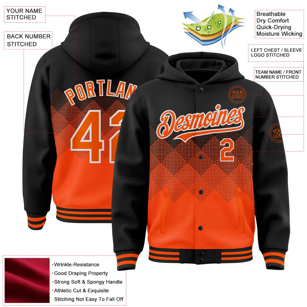 Custom Black Orange-White Gradient Square Shape 3D Pattern Design Bomber Full-Snap Varsity Letterman Hoodie Jacket