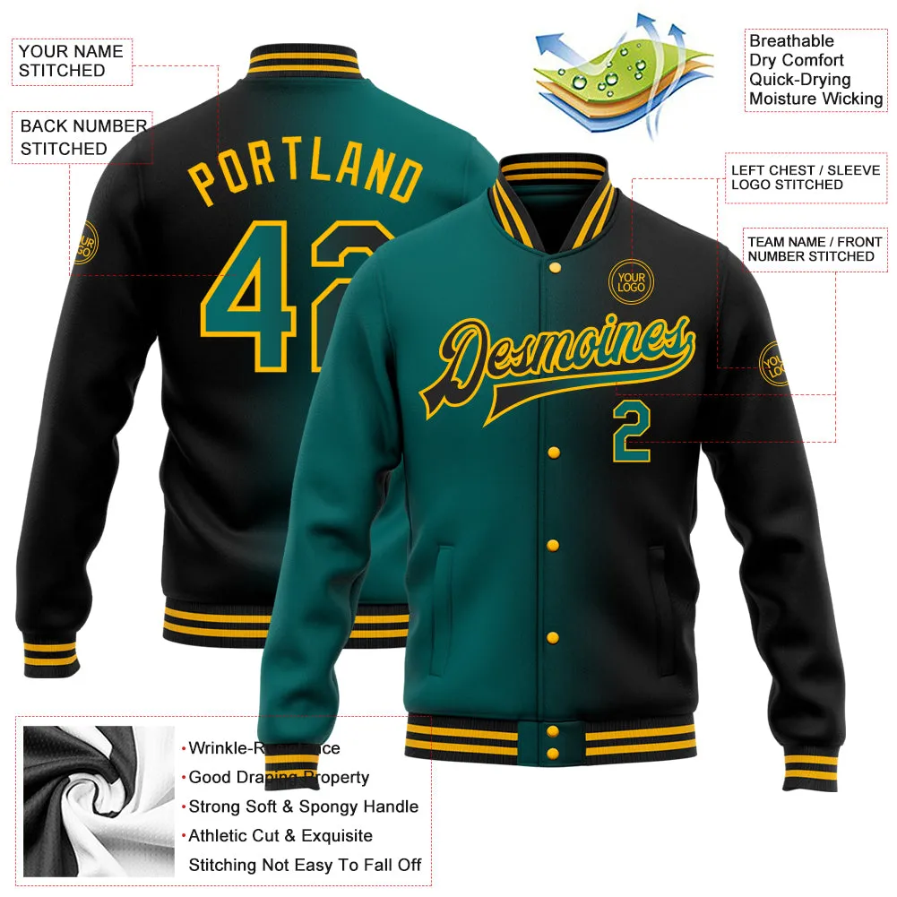 Custom Black Teal-Gold Bomber Full-Snap Varsity Letterman Gradient Fashion Jacket