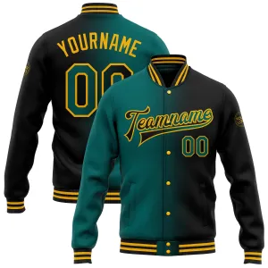 Custom Black Teal-Gold Bomber Full-Snap Varsity Letterman Gradient Fashion Jacket