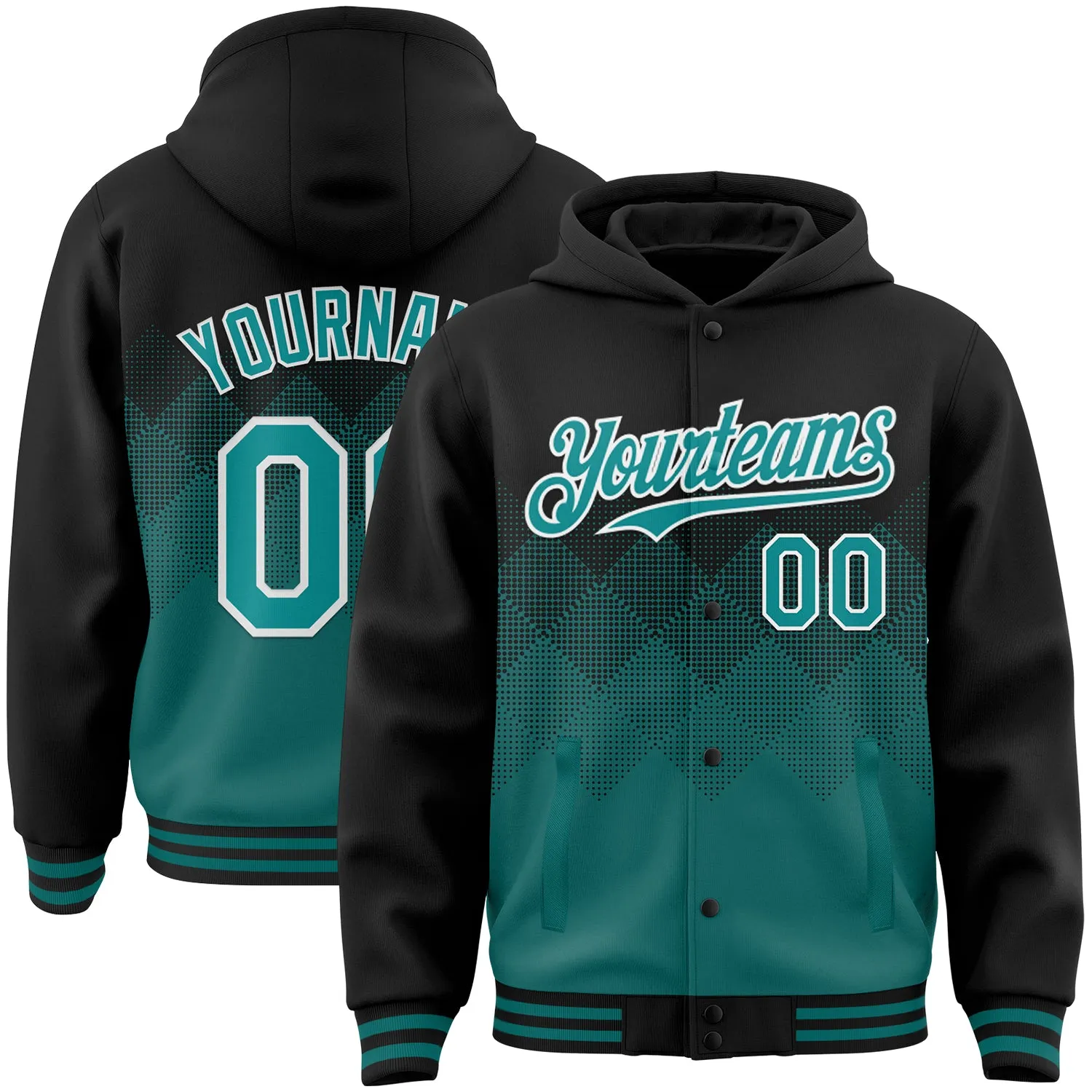 Custom Black Teal-White Gradient Square Shape 3D Pattern Design Bomber Full-Snap Varsity Letterman Hoodie Jacket