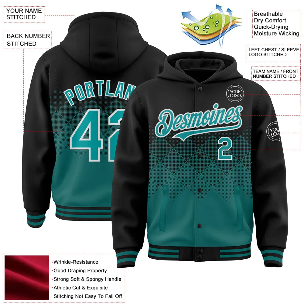 Custom Black Teal-White Gradient Square Shape 3D Pattern Design Bomber Full-Snap Varsity Letterman Hoodie Jacket