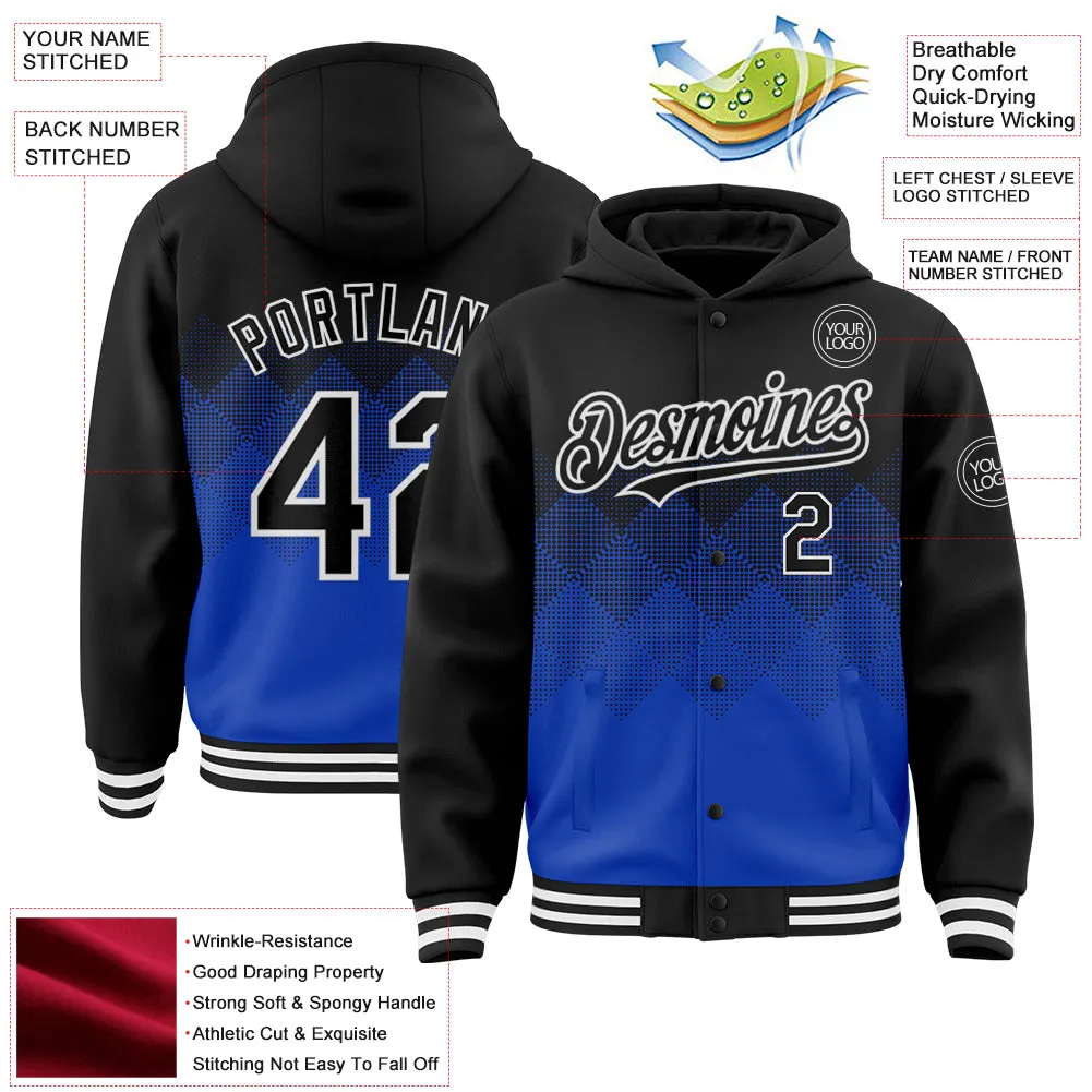 Custom Black Thunder Blue-White Gradient Square Shape 3D Pattern Design Bomber Full-Snap Varsity Letterman Hoodie Jacket