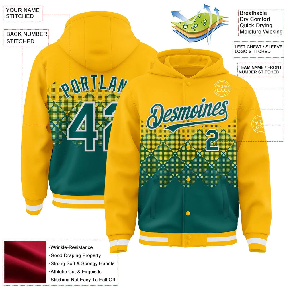 Custom Gold Midnight Green-White Gradient Square Shape 3D Pattern Design Bomber Full-Snap Varsity Letterman Hoodie Jacket