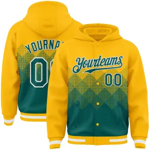 Custom Gold Midnight Green-White Gradient Square Shape 3D Pattern Design Bomber Full-Snap Varsity Letterman Hoodie Jacket