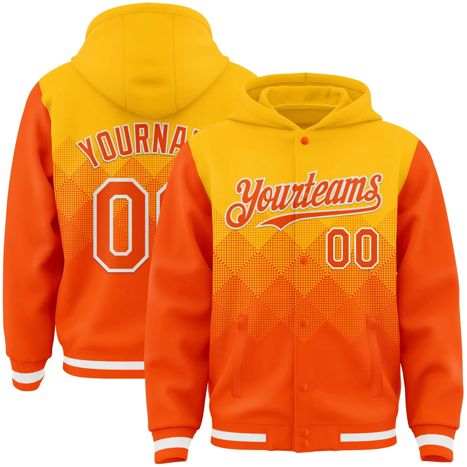 Custom Gold Orange-White Gradient Square Shape 3D Pattern Design Bomber Full-Snap Varsity Letterman Hoodie Jacket