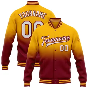 Custom Gold White-Crimson Bomber Full-Snap Varsity Letterman Fade Fashion Jacket