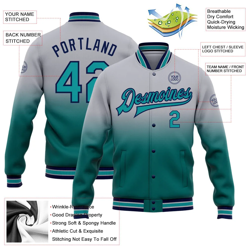 Custom Gray Teal-Navy Bomber Full-Snap Varsity Letterman Fade Fashion Jacket