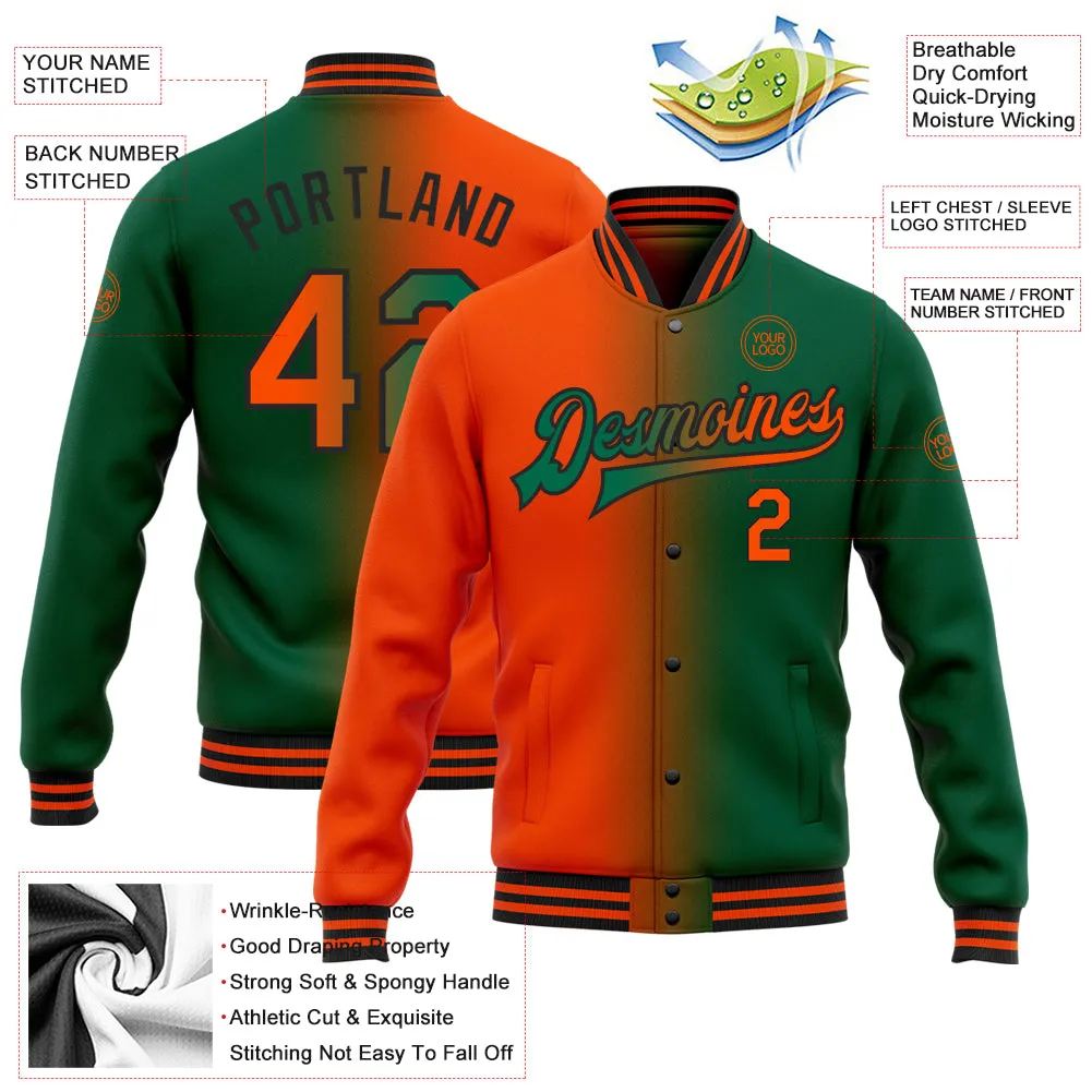 Custom Kelly Green Orange-Black Bomber Full-Snap Varsity Letterman Gradient Fashion Jacket