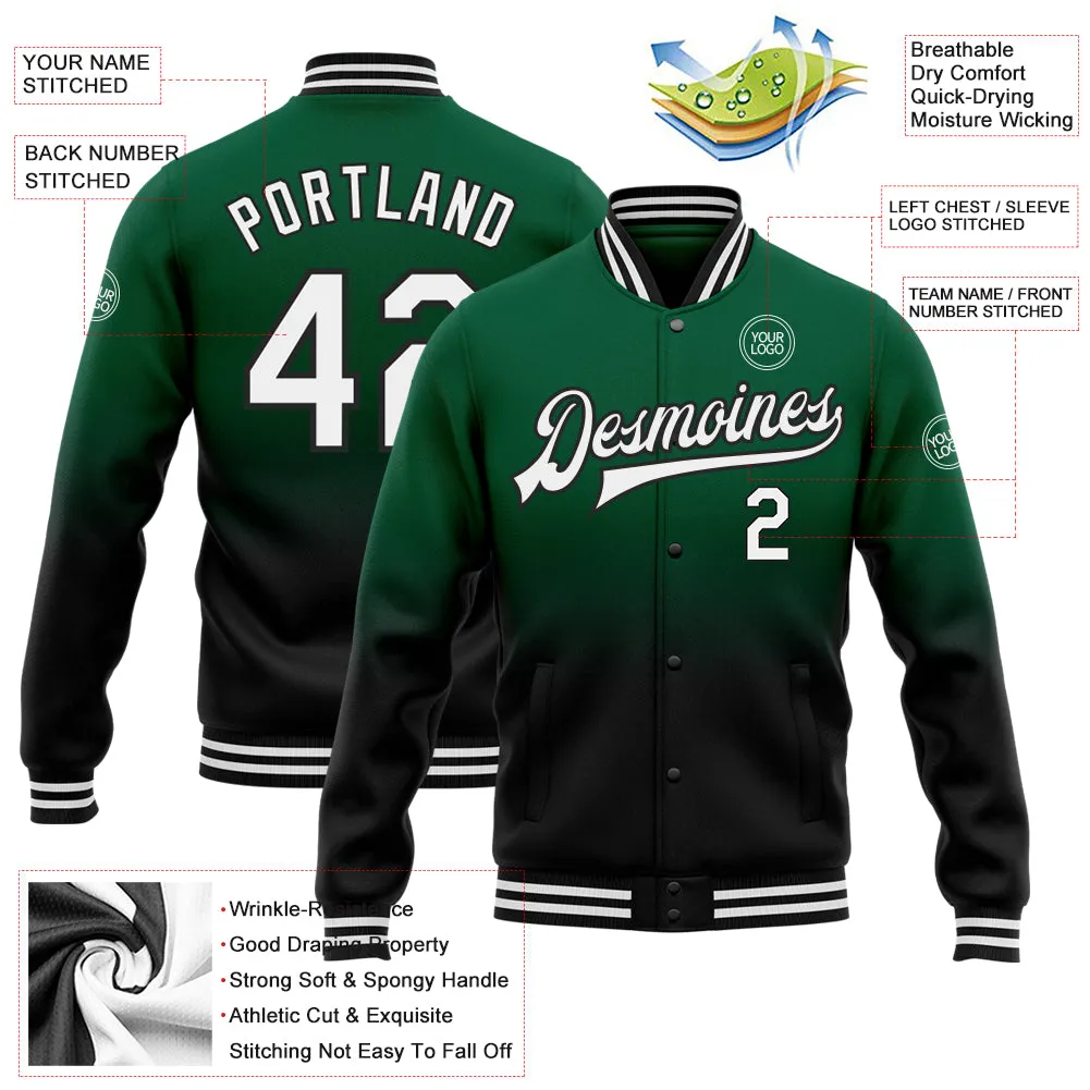 Custom Kelly Green White-Black Bomber Full-Snap Varsity Letterman Fade Fashion Jacket