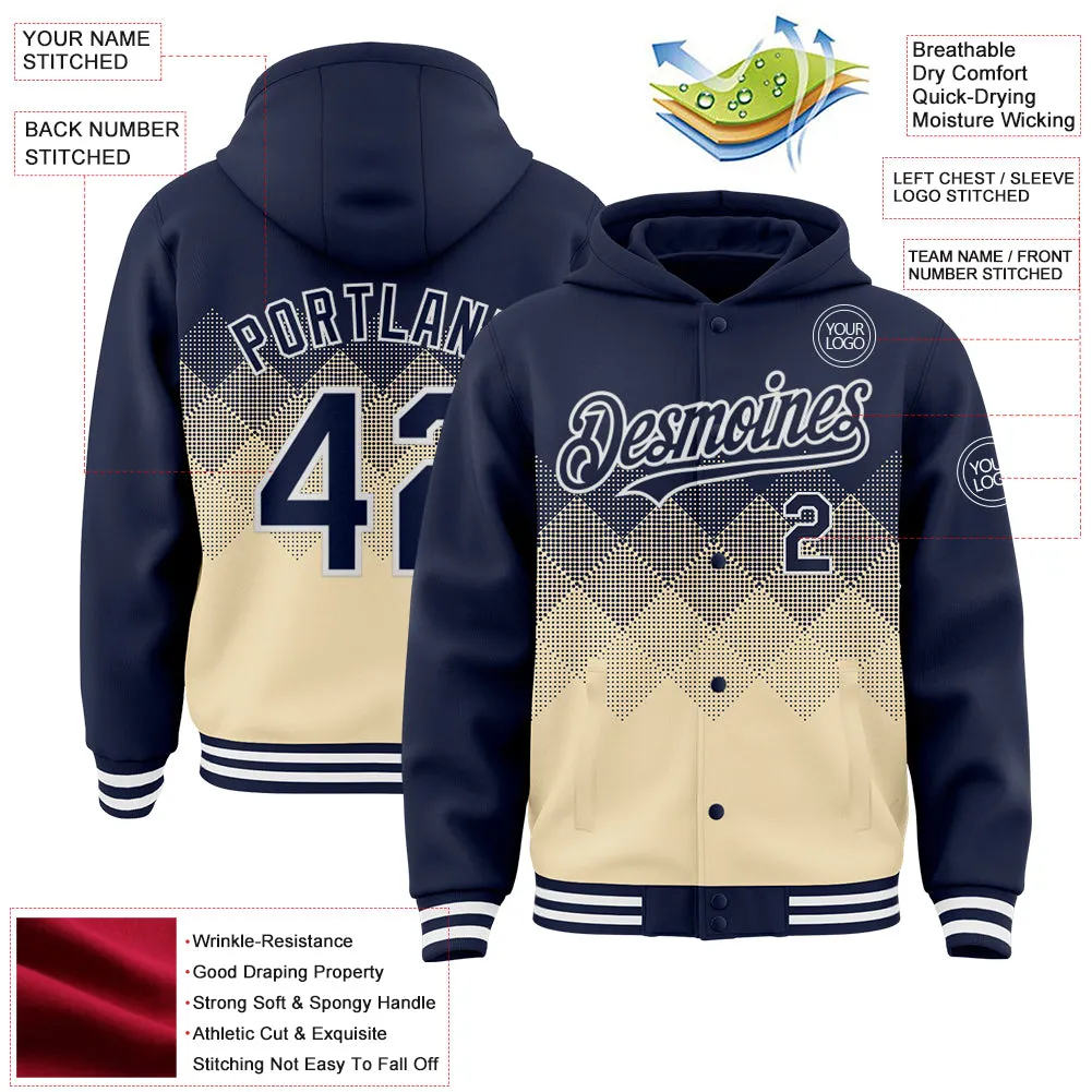 Custom Navy Cream-White Gradient Square Shape 3D Pattern Design Bomber Full-Snap Varsity Letterman Hoodie Jacket