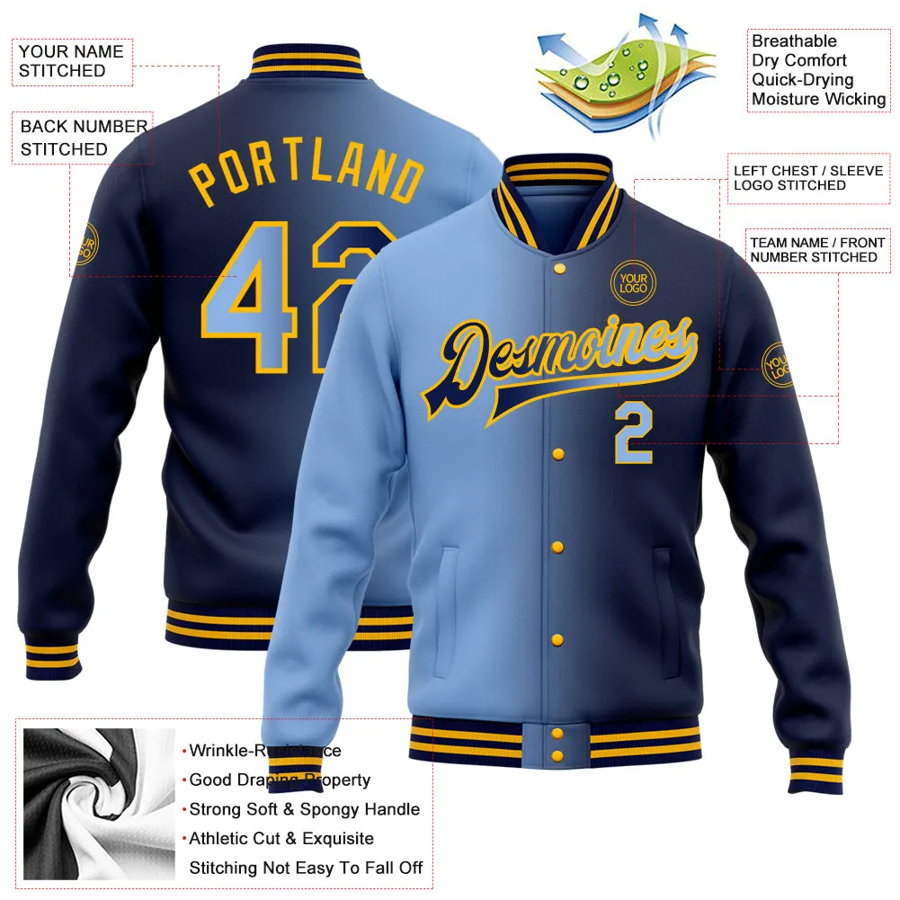 Custom Navy Light Blue-Gold Bomber Full-Snap Varsity Letterman Gradient Fashion Jacket