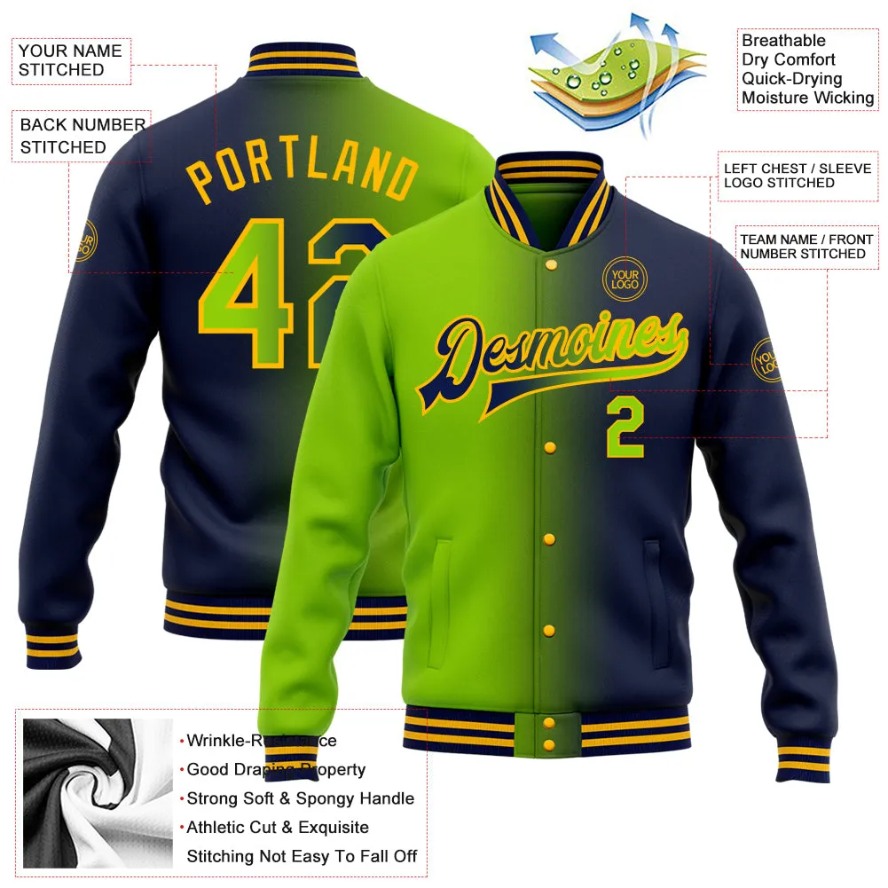 Custom Navy Neon Green-Gold Bomber Full-Snap Varsity Letterman Gradient Fashion Jacket