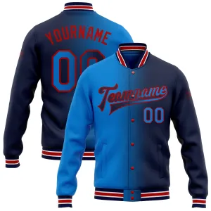 Custom Navy Powder Blue-Red Bomber Full-Snap Varsity Letterman Gradient Fashion Jacket