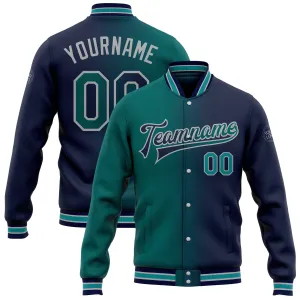 Custom Navy Teal-Gray Bomber Full-Snap Varsity Letterman Gradient Fashion Jacket