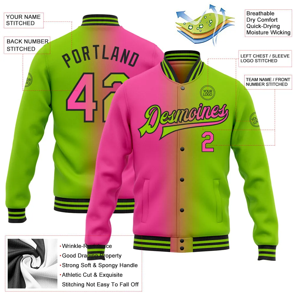 Custom Neon Green Pink-Black Bomber Full-Snap Varsity Letterman Gradient Fashion Jacket