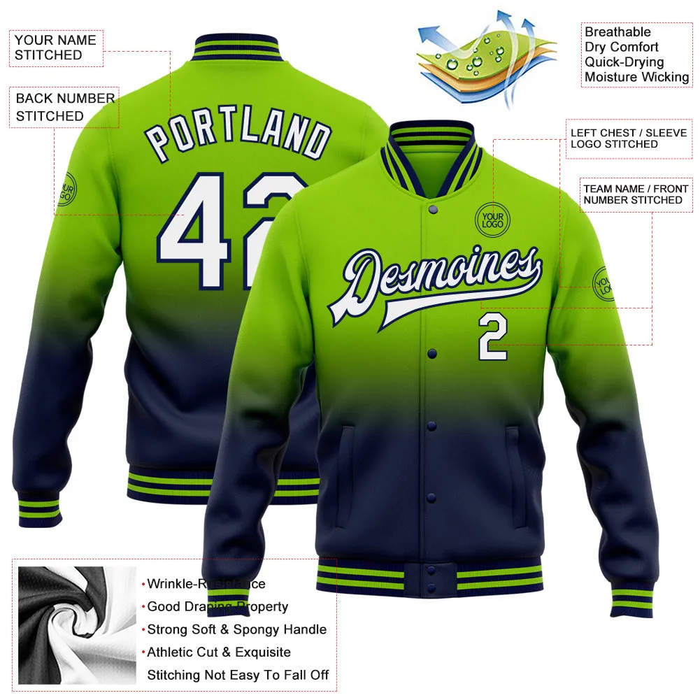 Custom Neon Green White-Navy Bomber Full-Snap Varsity Letterman Fade Fashion Jacket