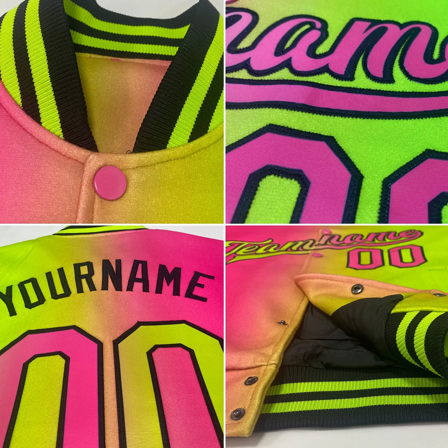 Custom Neon Yellow Bay Orange-Black Bomber Full-Snap Varsity Letterman Gradient Fashion Jacket