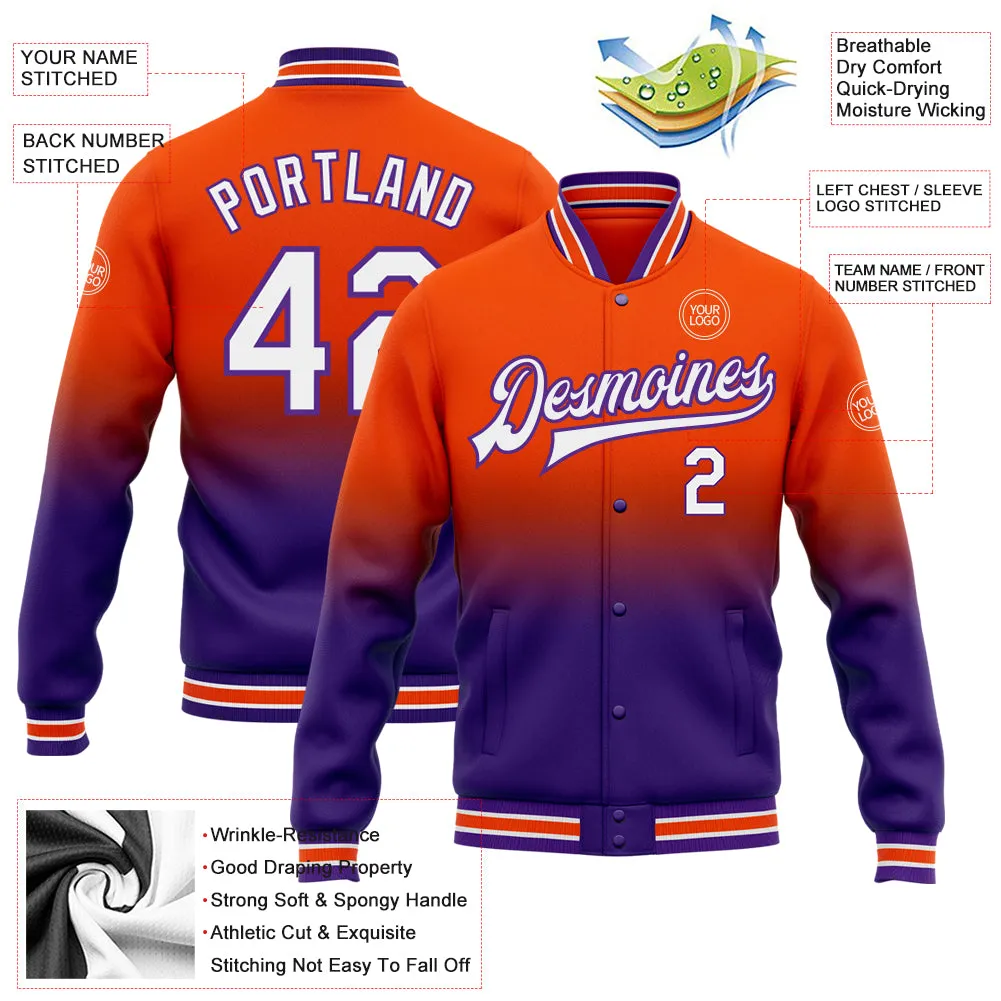 Custom Orange White-Purple Bomber Full-Snap Varsity Letterman Fade Fashion Jacket