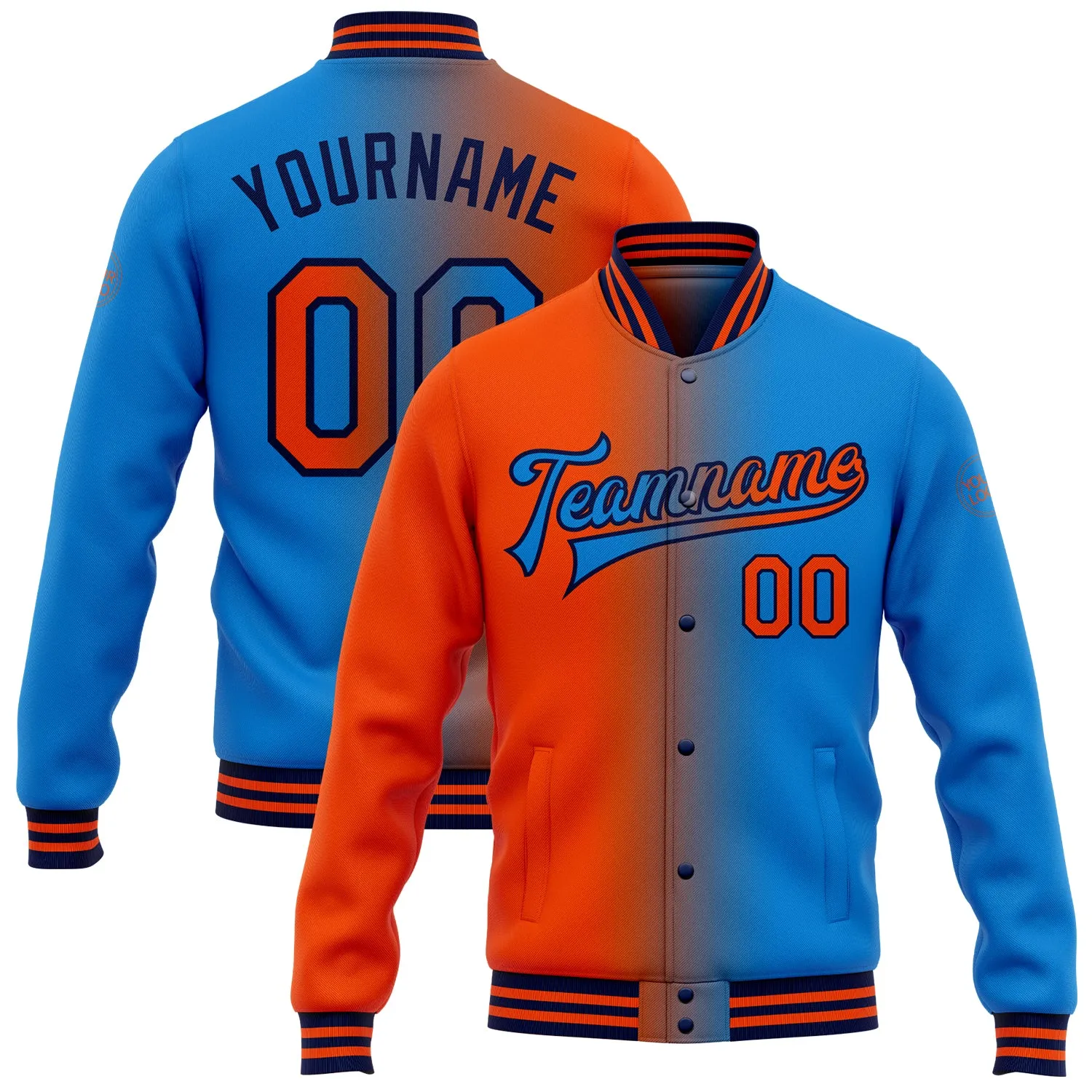 Custom Powder Blue Orange-Navy Bomber Full-Snap Varsity Letterman Gradient Fashion Jacket